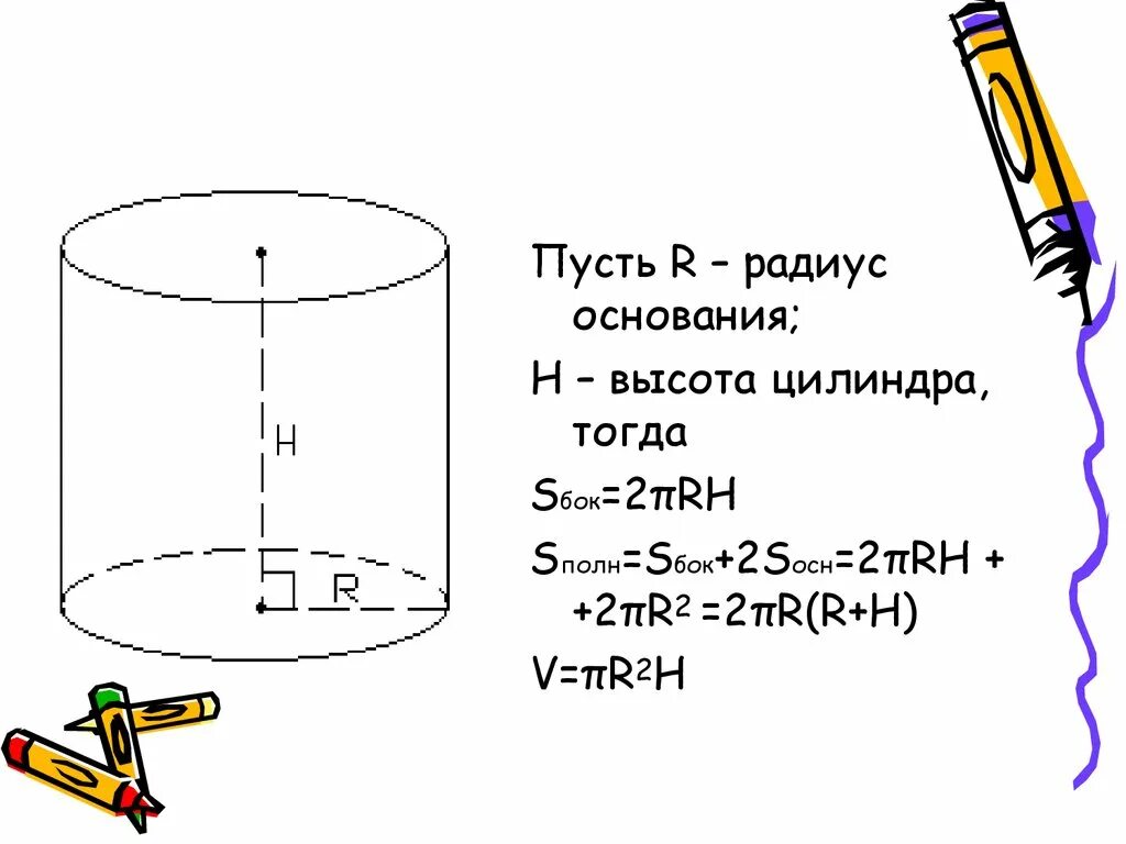 Радиус основания и высота первого цилиндра. Формула нахождения радиуса основания цилиндра. формула высоты цилиндра через радиус. формула нахождения радиуса цилиндра. радиус цилиндра формула.