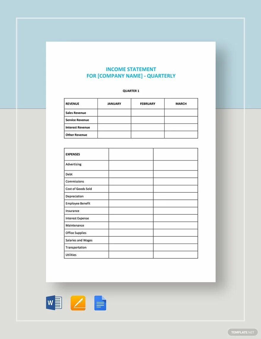 Statement template. Шаблон ежеквартальника. income statement example for the quarter.