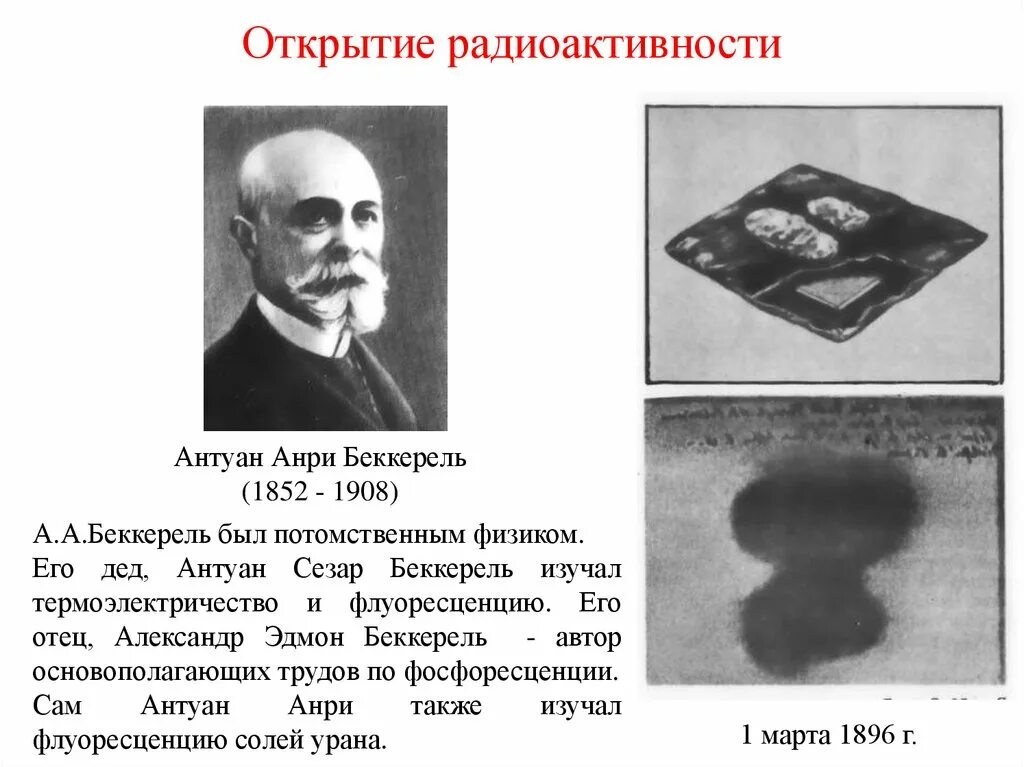 В каком году открыли радиоактивность. Антуан Анри Беккерель радиоактивность. Антуан Анри Беккерель (1852-1908). Анри Беккерель открытие радиоактивности. 1896 Беккерель открыл.