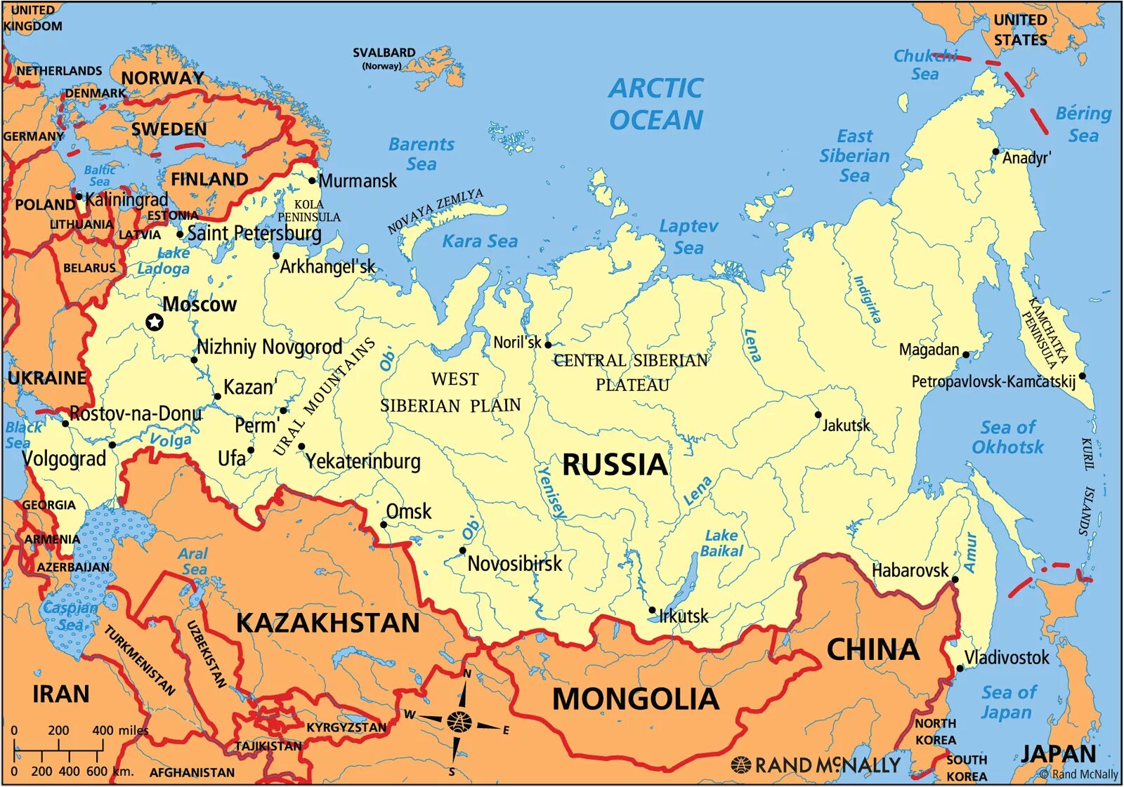 Карта России. Карта России с границами. Карта России на английском языке.