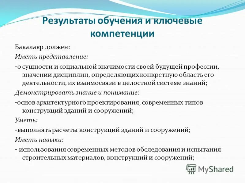 Результаты обучения. Социальные компетенции бакалавра. Проявление сущности и социальной значимости своей будущей профессии.