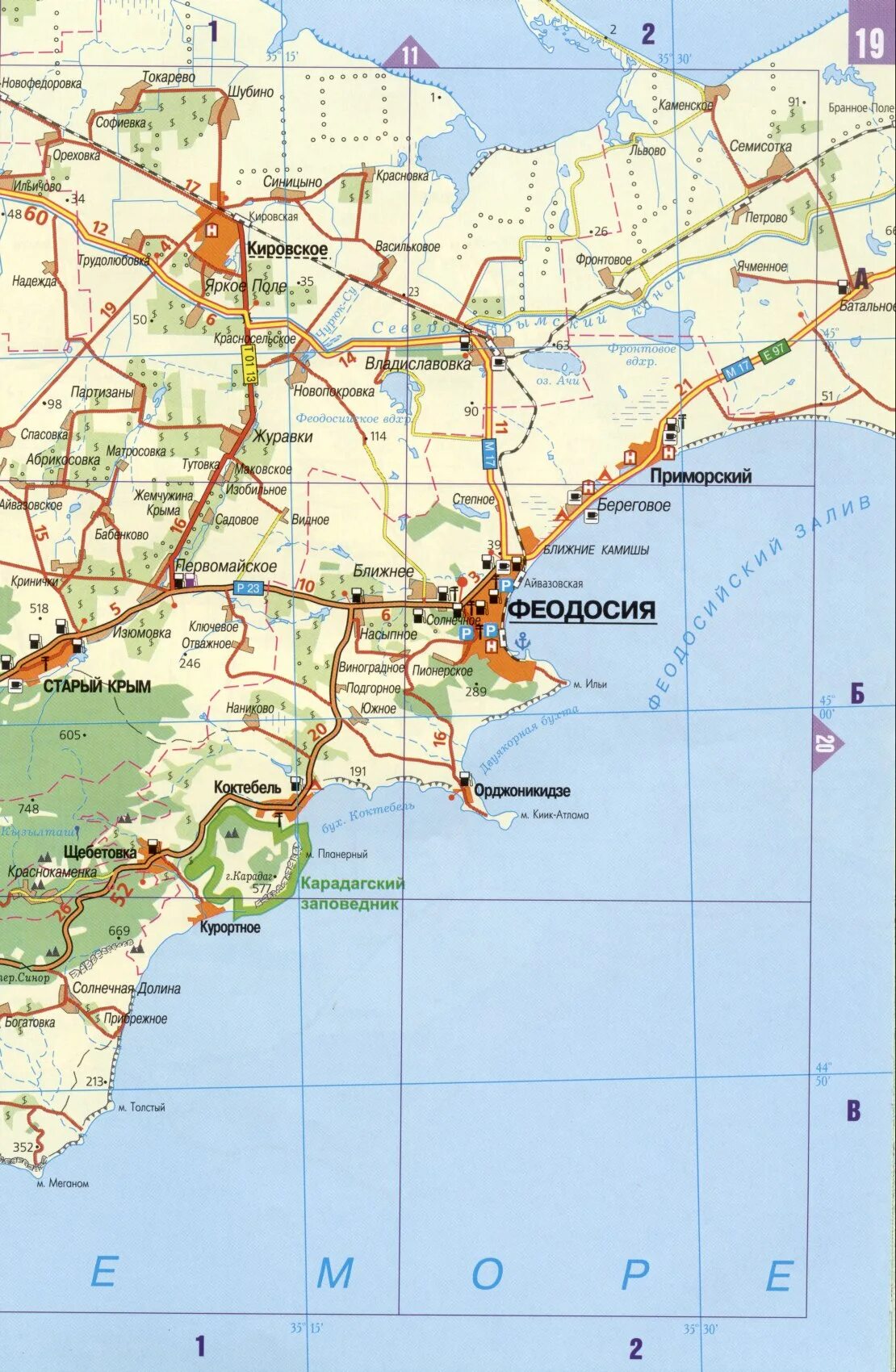 Джанкой на карте крыма показать где. Автомобильная карта Крыма. Карта Крыма подробная автомобильная. Карта восточного побережья Крыма с поселками и городами. Крым карта полуострова с городами.