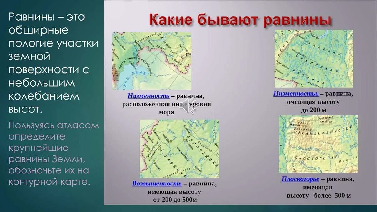 Великие равнины россии 8 класс география. Какие бывают равнины. Географический рельеф. Разнообразные формы рельефа. Равнины низменности возвышенности.