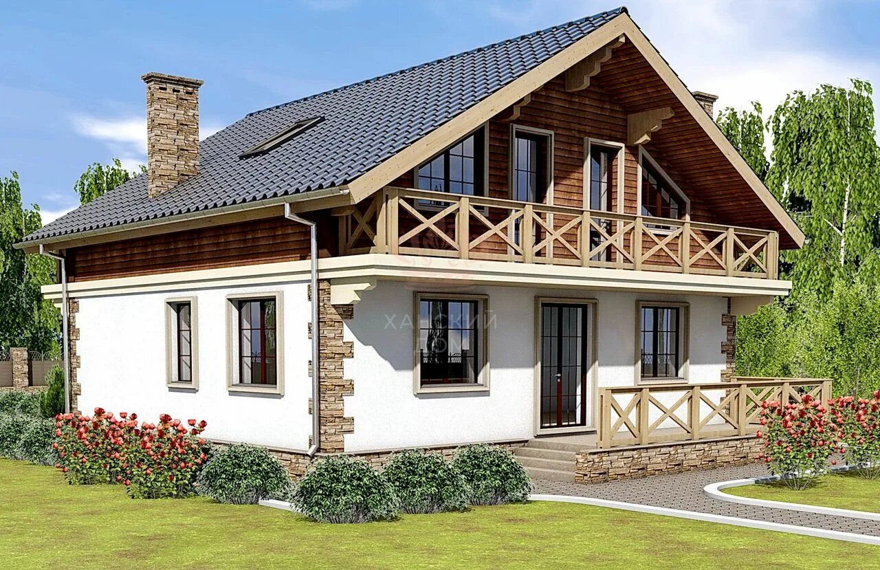 Одноэтажный дом с четырехскатной крышей и гаражом. Баня с односкатной крышей и мансардой. Мансардный дом с балконом. Веранда с балконом к дому. Дом с балконом и террасой.