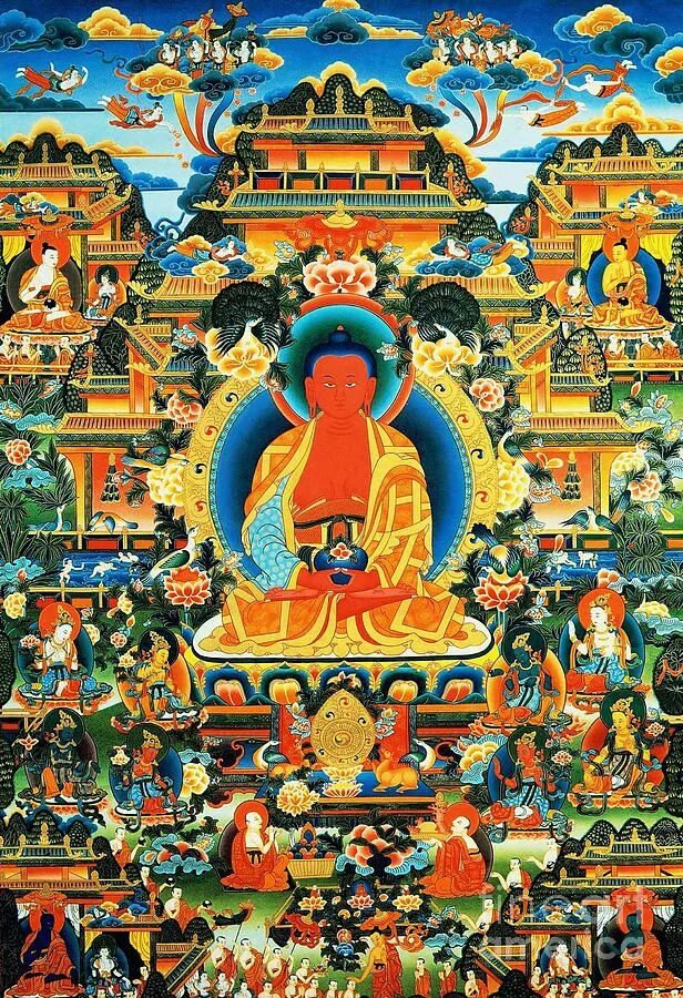 Зап раем. Буддизм Будда Амитабха. Амитабха Будда Сукхавати. Будда Амитабха арт. Красный Будда Амитабха.