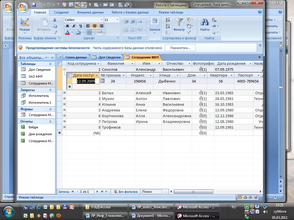 Создание таблиц базы данных. База данных сотрудников. Работа с базой данных. Таблица сотрудники база данных.