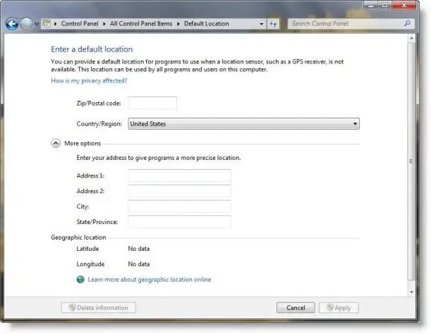 Default location. Location panel.