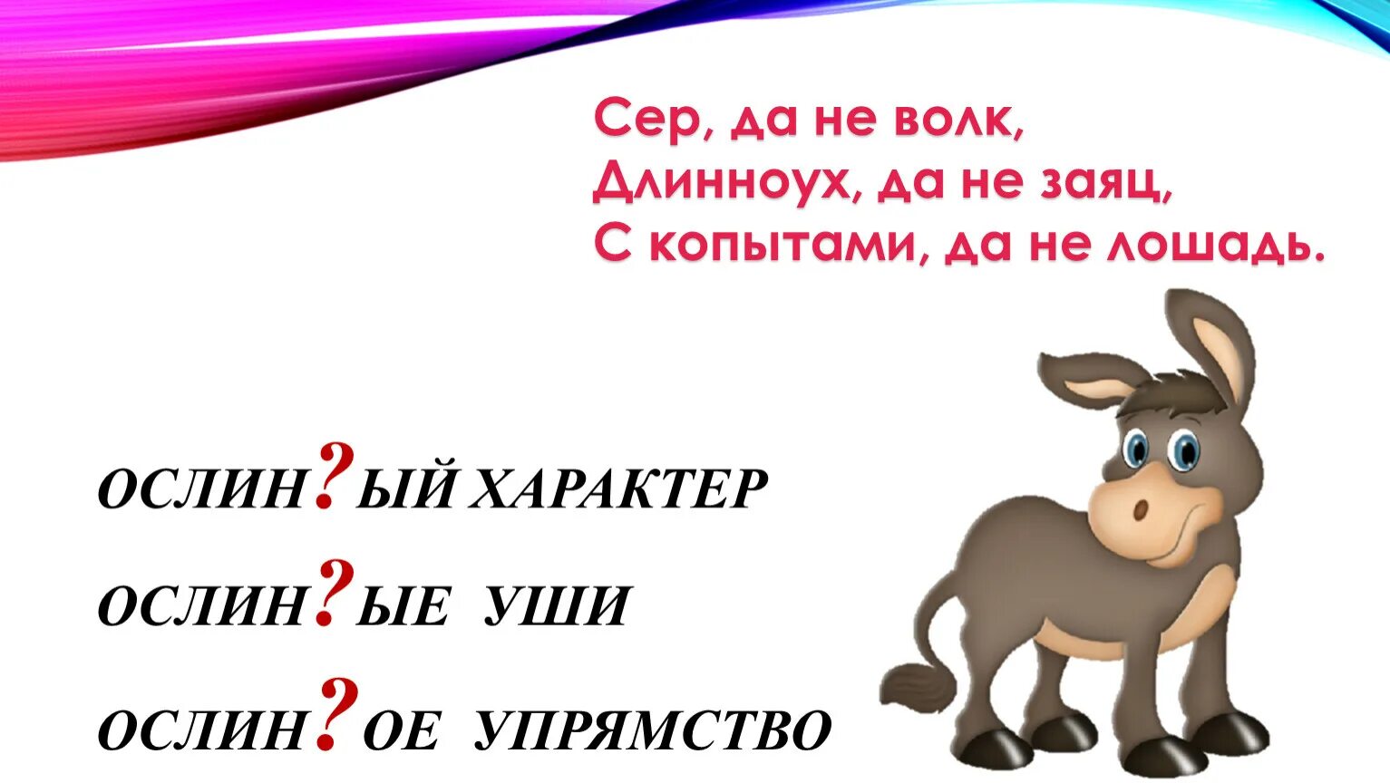 Загадка про осла. Сер да не волк Длинноух да не заяц с копытами да не лошадь. Загадка про ослика для дошкольников. Сер да не волк Длинноух да не заяц.