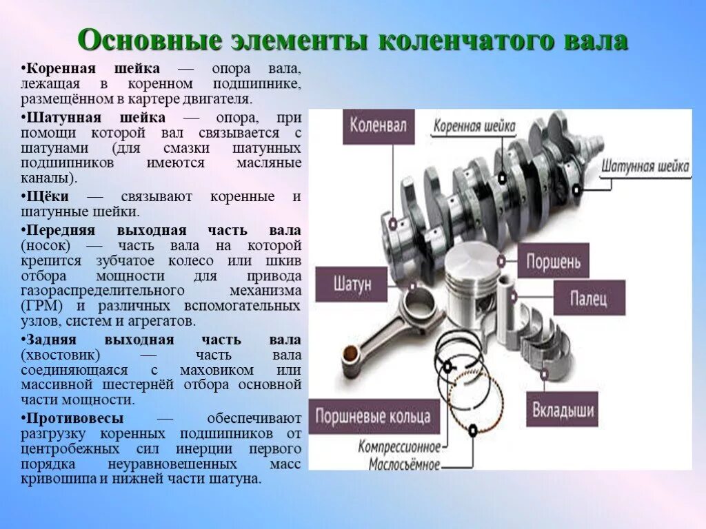 Коренные шейки коленчатого вала подшипники. Коленчатый вал коренные и шатунные шейки. Назначение подшипников коленчатого вала. Назначение и устройство коленчатого вала.