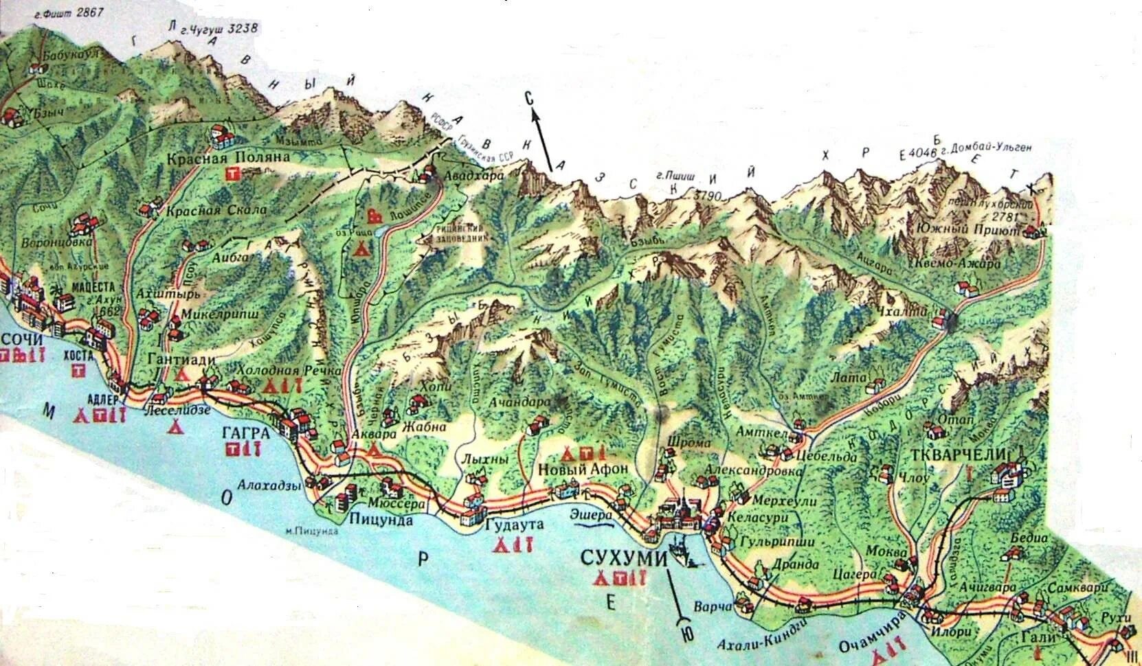 Абхазскую карту. Карта Абхазии побережье. Туристические места Абхазии на карте. Карта Абхазии побережье с поселками. Абхазия рельеф карта.
