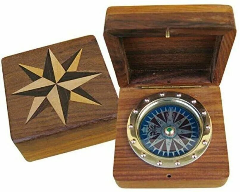 Компас 7 в 1. Корабельный компас. Сувенирный деревянный компас. Судовой компас. Подарочный компас в деревянной коробке.