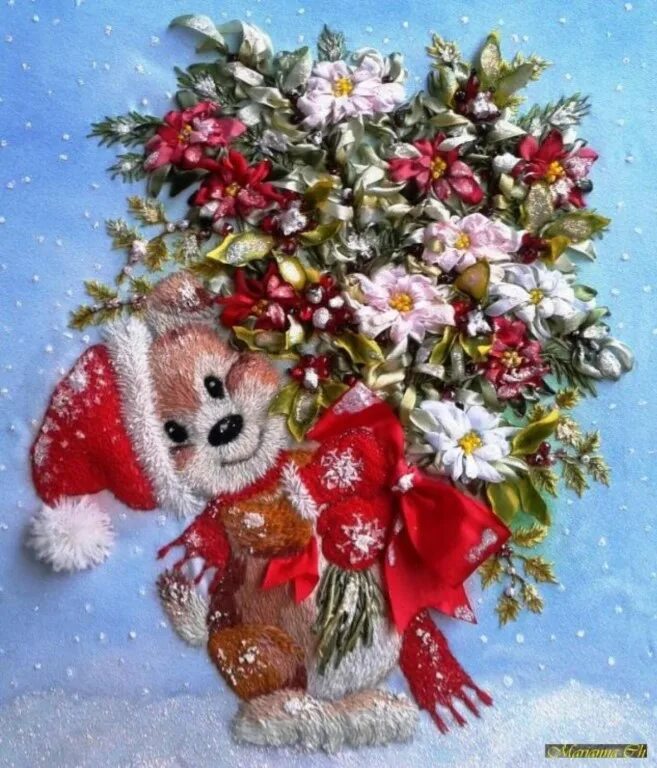 зимняя вышивка лентами. вышивка лентами новогодние открытки. вышивка лентами новогодние композиции. вышивка лентами новогодняя тематика. вышивка лентами елочка.