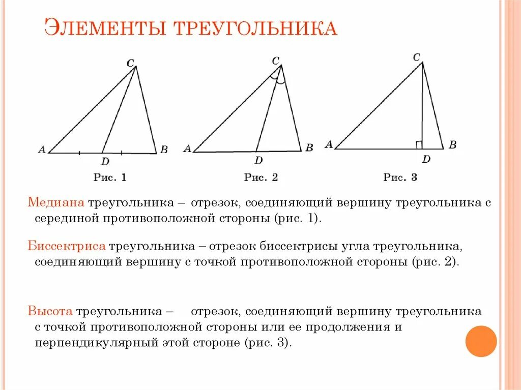 Элементами треугольника являются. Медиана биссектриса и высота треугольника 7 класс. Медиана биссектриса высота 7 класс. Понятие Медианы высоты и биссектрисы треугольника. Что такое Медиана биссектриса и высота треугольника 7 класс геометрия.