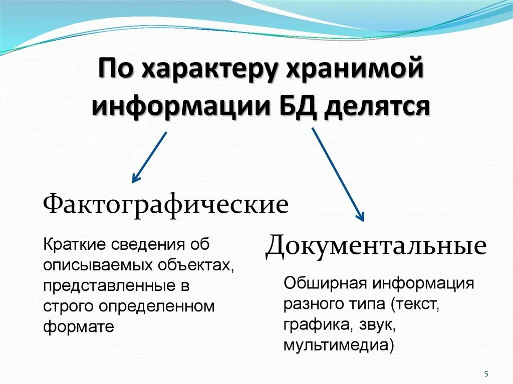 Пример фактографической базы данных. По характеру хранимой информации базы данных делятся на. Фактографические АИС. Фактографические базы данных. По характеру хранения данных БД делятся на:.