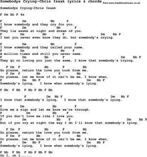 Love Song Lyrics for:Somebodys Crying-Chris Isaak with chords. 