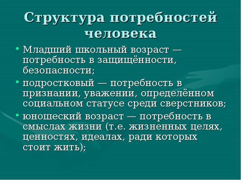 Какие потребности в этом возрасте. Структура потребностей. Потребности и их структура. Младший школьный Возраст потребности. Основные потребности подросткового возраста.