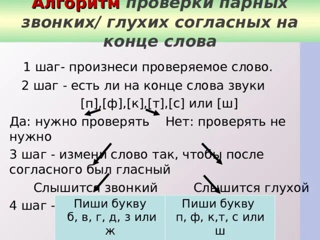 Звонки и глухие в конце слова. Алгоритм проверки парных согласных. Алгоритм проверки парного согласного на конце слова. Парные согласные алгоритм проверки. Звуки парные на конце слова алгоритм.