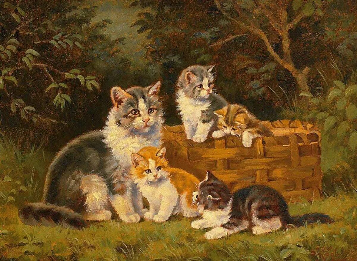 Кошка с котятами для детей