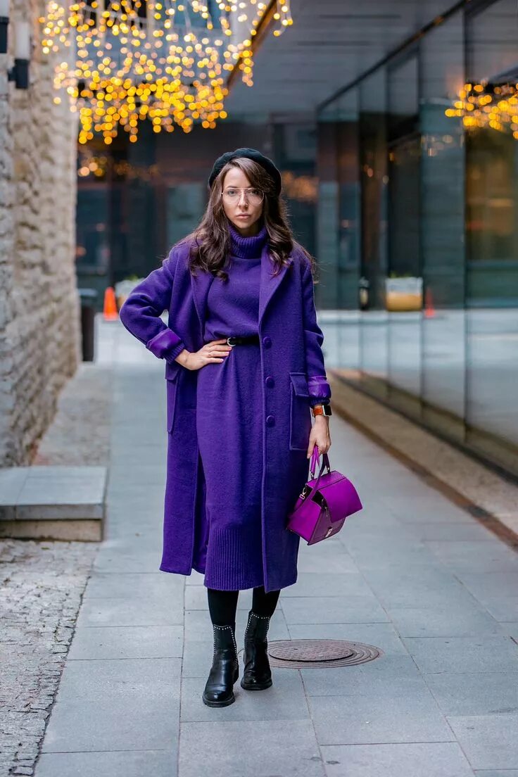 PURPLE. (Styledevil) Purple coat outfit, Fashion, Casual winter outfits