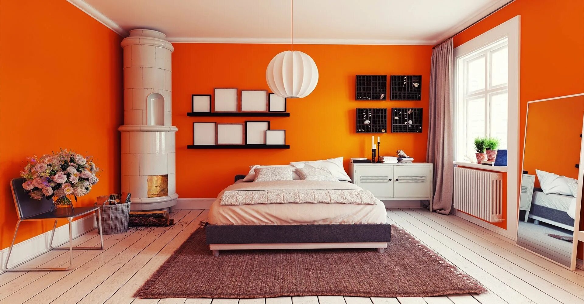 Оранжевая спальня. Комната с оранжевыми стенами. Спальня в оранжевых тонах. Оранжевый в интерьере спальни. Сочетание цвета мебели в стенами