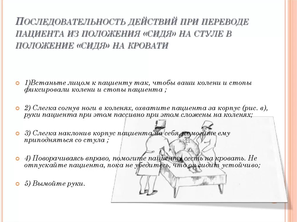 Последовательность действий врача. Последовательность действий при перемещении пациента. Перемещение пациента из положения. Перемещение пациента в положении сидя. Техника перемещения пациента.