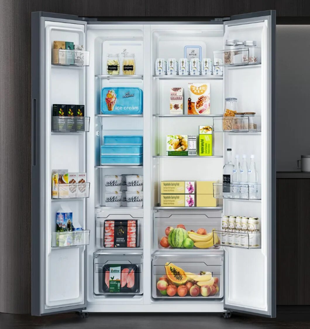 Xiaomi Mijia Side-by-Side 540l Ice Crystal Refrigerator. Холодильник с продуктами. Холодильник Side by Side. Наполнение холодильника. Side ice