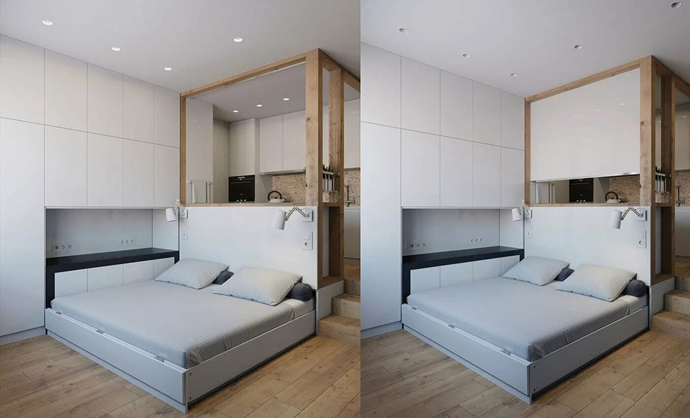 Кровать в однушке. Кровать в однокомнатной. Кровать в однокомнатной квартире. Спальня за перегородкой.