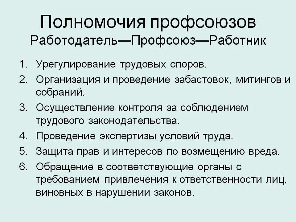 Полномочия профсоюзов. Компетенции профсоюза. Полномочия профкома.