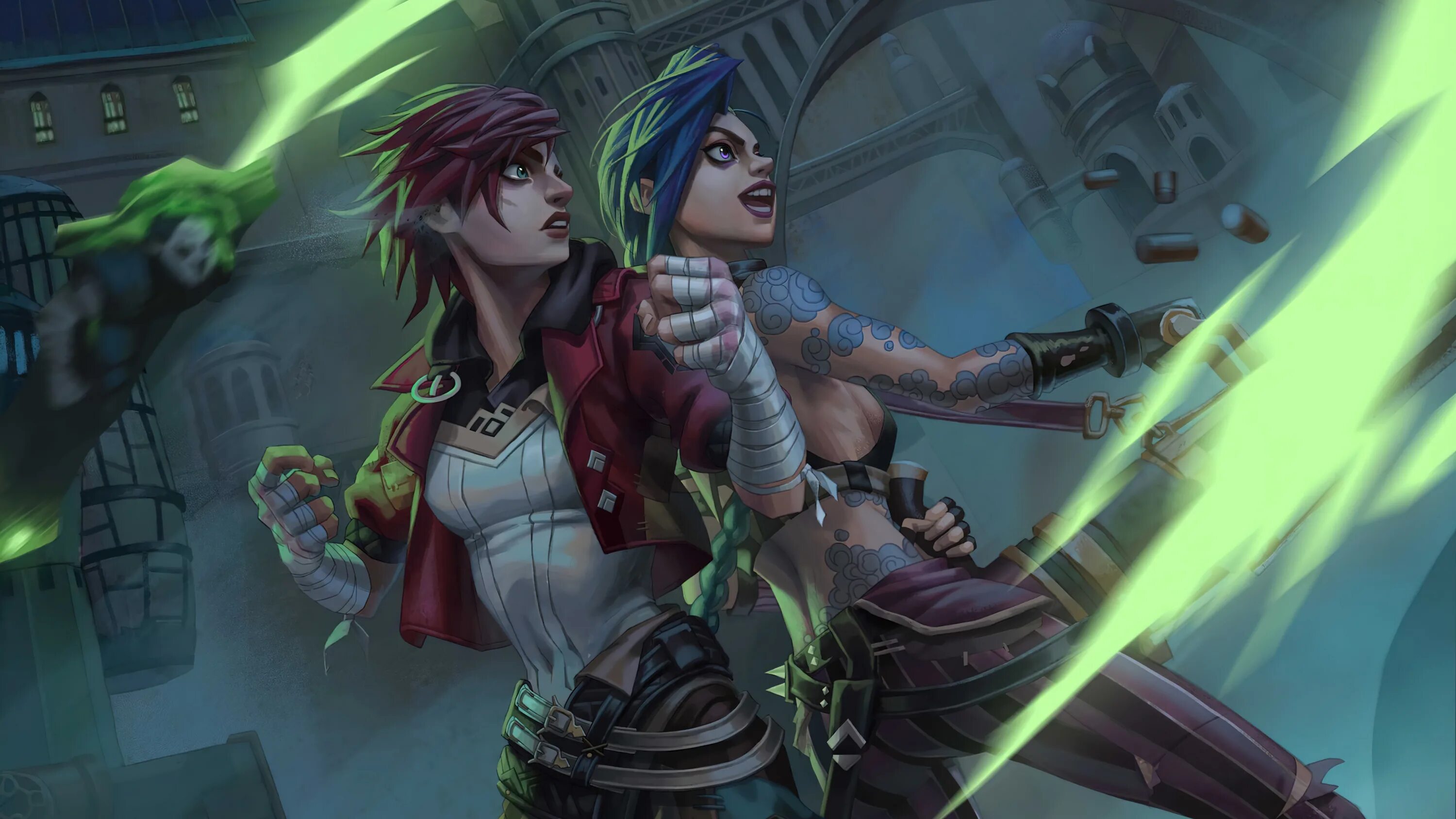 Аркейн обои на пк. Аркейн джинкс 4k. джилл аркейн. jinx and vi. vi аркейн.