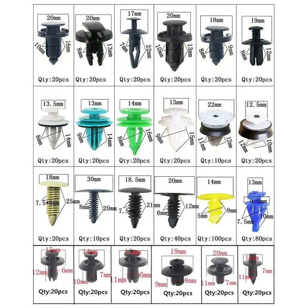 Клипсы автомобильные каталог. Автомобильные крепежные заклепки клипсы. Автомобильные клипсы набор 620шт. Набор клипс для авто 620. Автомобильные пистоны разновидности с резьбой VAG.