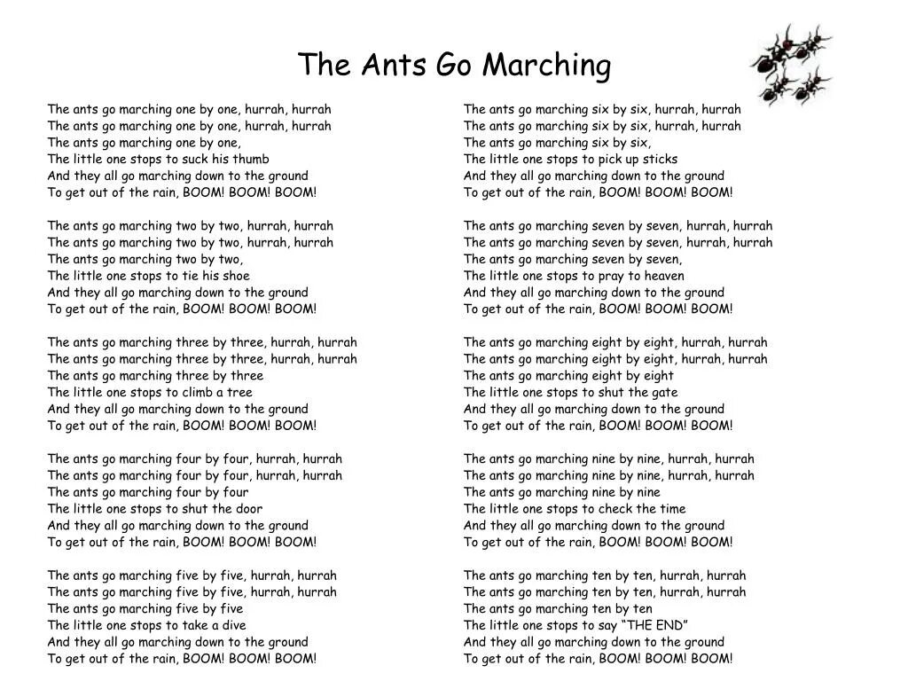 The Ants go Marching текст. The Ants go Marching one by one текст. The Ants go Marching one by one. The Ant go Marching. Anymore перевод на русский