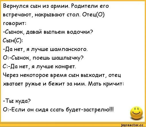 Сын с армии вернулся стихи. Анекдот про армию сын вернулся. Анекдот про сына с армии. Анекдот про сына вернувшегося из армии.