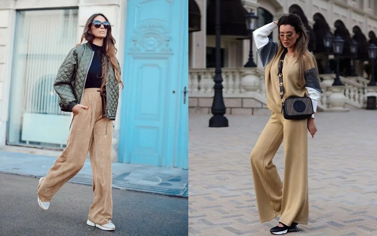 Спортивный костюм с широкими брюками. Модные спортивные штаны клеш. Спортивный костюм с широкими штанами женский. Вязаный костюм с широкими брюками. Спортивный костюм с брюками клеш.