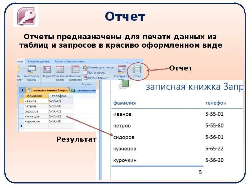 Отчет на вывод данных. База данных записная книжка в access. Отчет в СУБД access предназначен для. Запрос отчет форма в БД. Отчет в базе данных это.