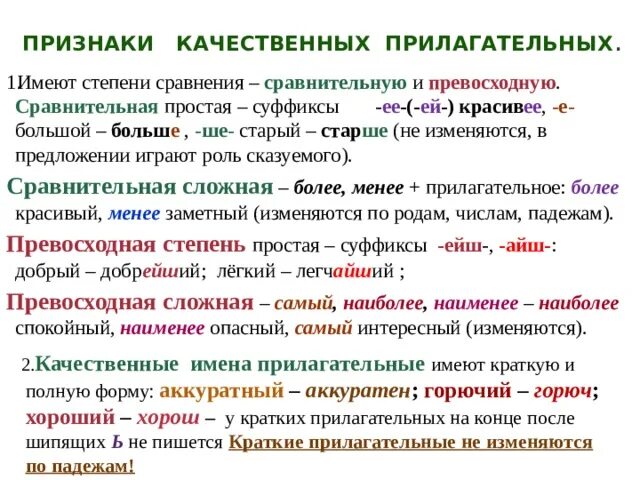 Образуйте краткую форму качественного прилагательного. Степени качественных прилагательных. Морфологические признаки качественных прилагательных. Признаки качеств прилагательных. Признаки качественного прилагательного.