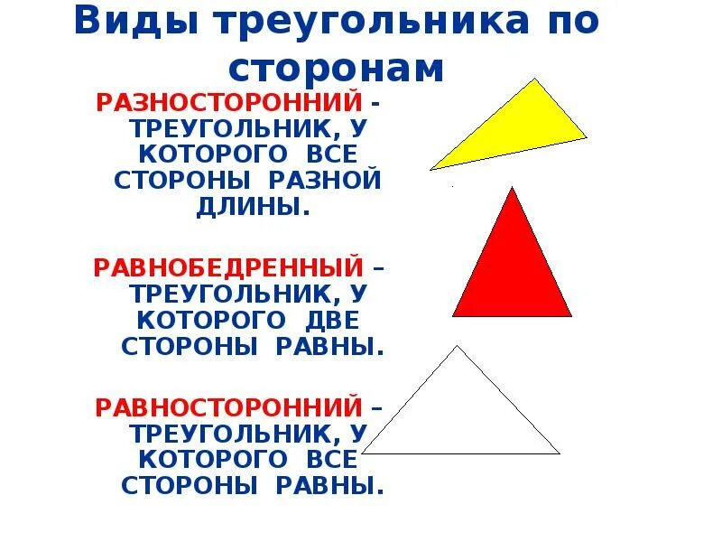 Треугольник у которого все углы равны называется. Разносторонний треугольник стороны. Рисунки треугольников разных видов. Название треугольников. Равнобедренный равносторонний и разносторонний треугольники.