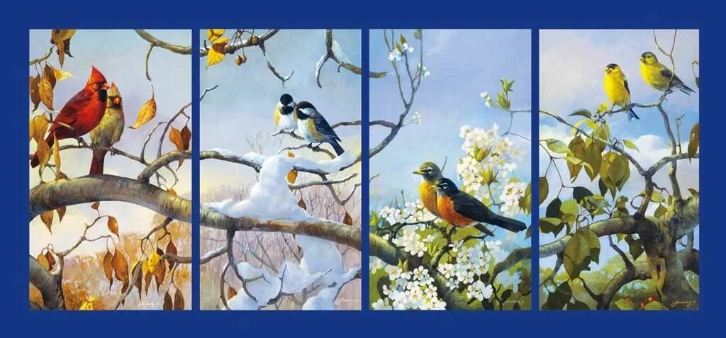 Жизнь животных в разное время. Триптих птицы. Триптих природа. Иллюстрации с изображением времен года. Иллюстрации к разным временам года.