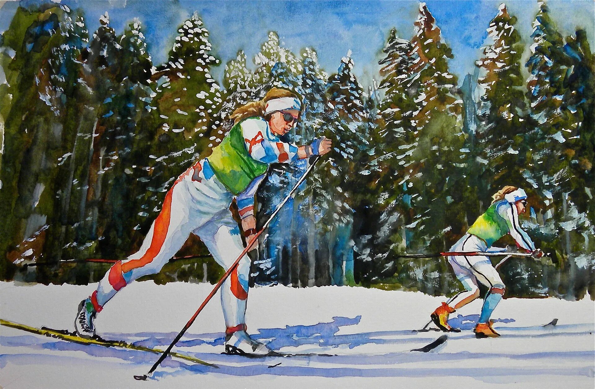 Кустодиев лыжники. Лыжные гонки. Лыжники живопись. Картина лыжники.