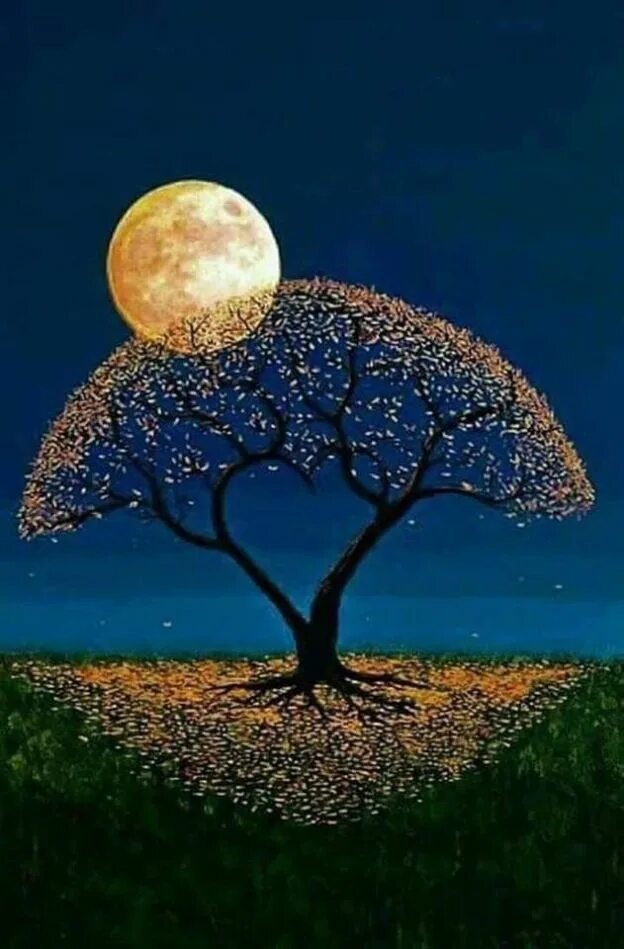 В круг дерева ночи. Дерево в лунном свете. Луна и дерево. Ночь Луна дерево. Картина Луна.