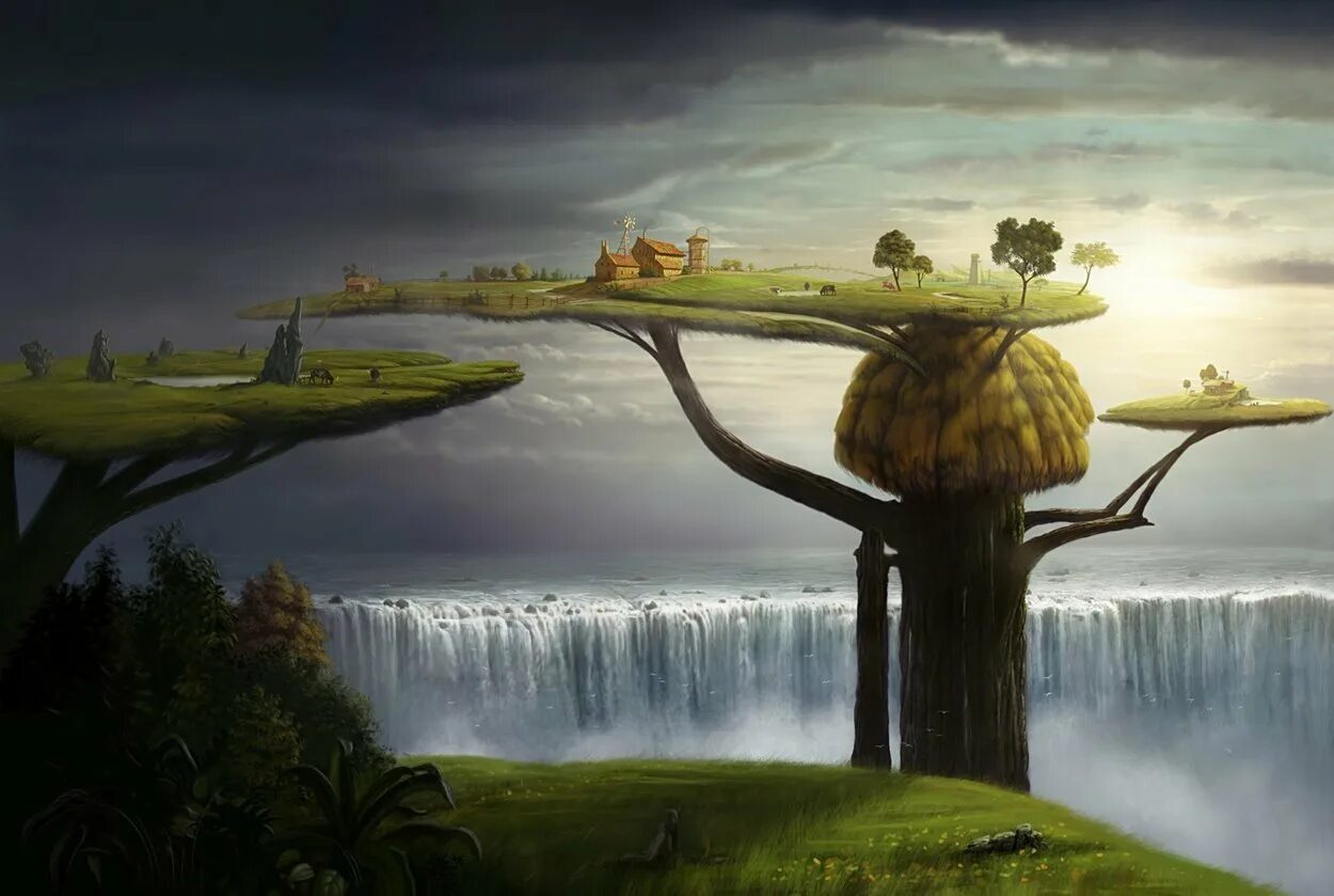 Арты удивительных миров. Фантастические инопланетные пейзажи. Волшебные иллюстрации. Дворец фэнтези арт kazumasa uchio. Фэнтези деревня.