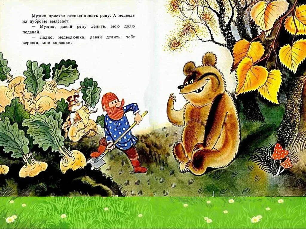 Сказка мужик и медведь книга. Книжка вершки и корешки. Мужик и медведь вершки и корешки. Мужик и медведь русская народная сказка. Мужик и медведь русская народная сказка.