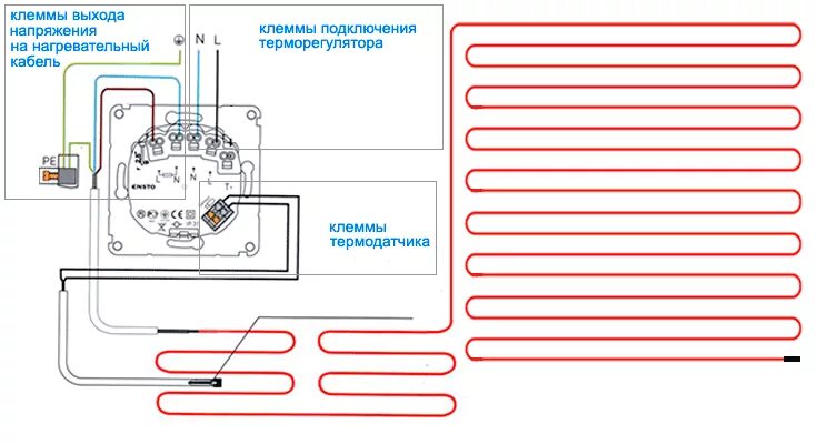Как подключить теплый пол без терморегулятора. Схема подключения одножильного теплого пола к терморегулятору. схема подключения матового теплого пола к терморегулятору. терморегулятор на теплый пол на электрической схеме схема. регулятор теплого пола jung схема подключения.