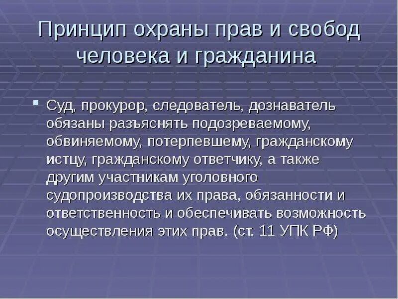 Статья 11 охрана. Охрана прав и свобод человека и гражданина. Принцип охраны прав и свобод человека. Охрана прав и свобод человека и гражданина в уголовном процессе. Принципы уголовного судопроизводства.