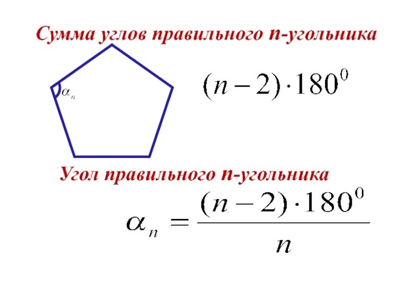 Сумма углов многоугольника вычисляется по формуле. N угольник. Угол н угольника. Угол правильного н угольника. Сумма выпуклого н угольника.