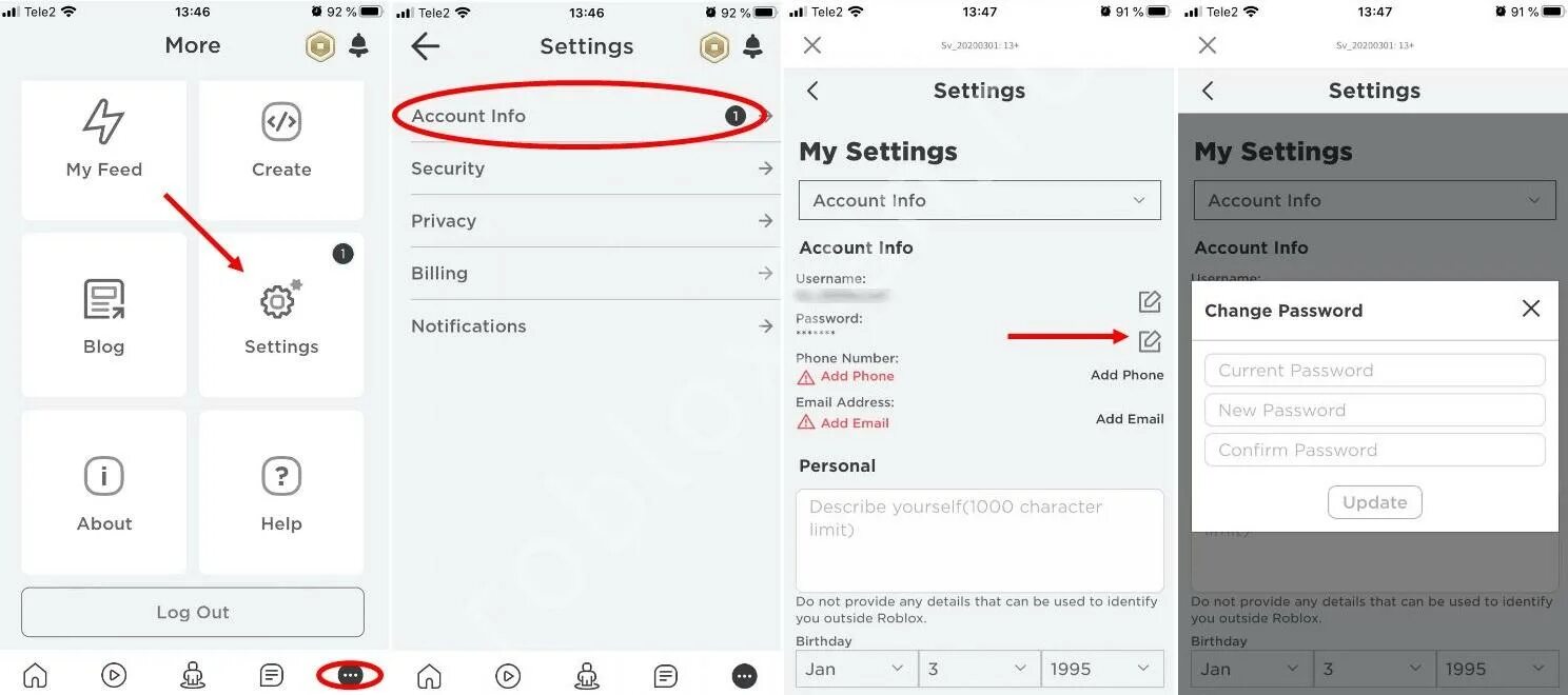 Как поменять пароль в роблокс на телефоне