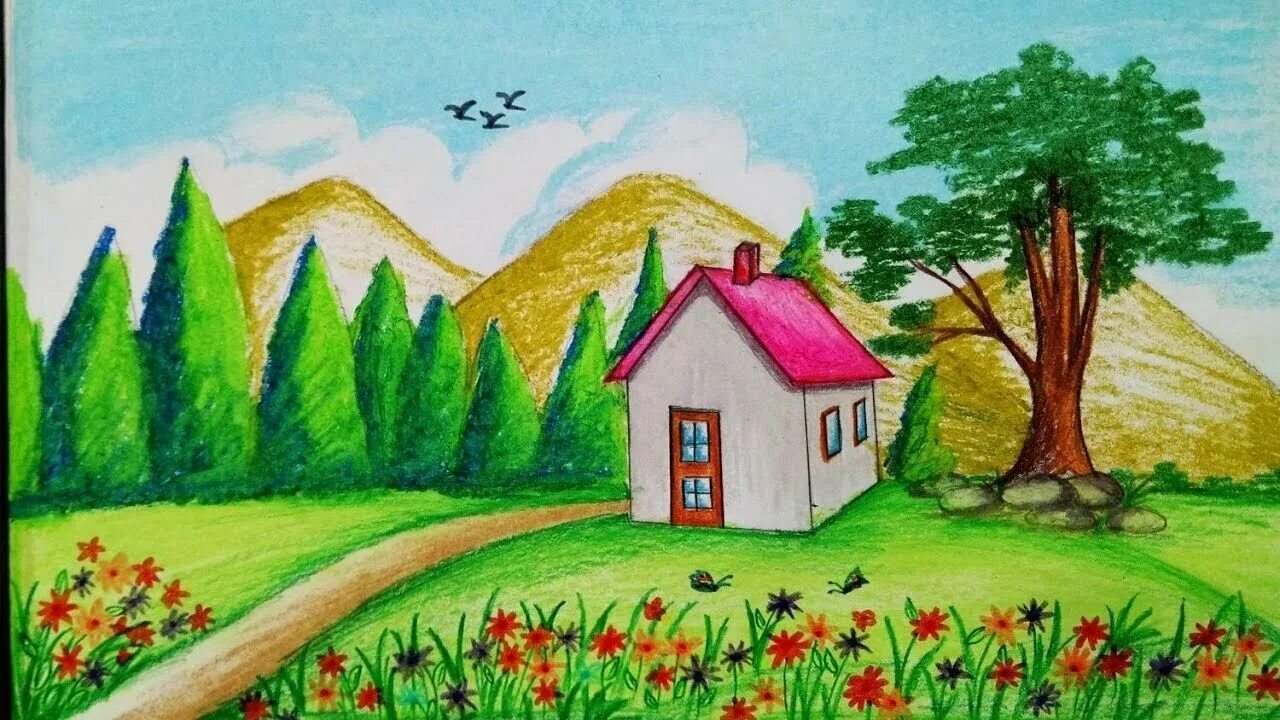 Рисунок природа в садике. Природа рисунок. Пейзаж цветными карандашами для детей. Деревенский пейзаж цветными карандашами. Рисунки для срисовки природа.