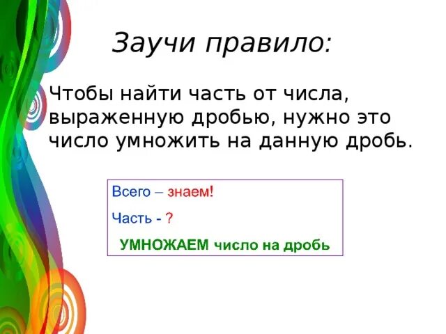 Нахождение части от числа выраженного дробью. Найти часть от числа выраженную дробью. Чтобы найти часть от числа выраженную дробью нужно. Нахождение части числа правило.