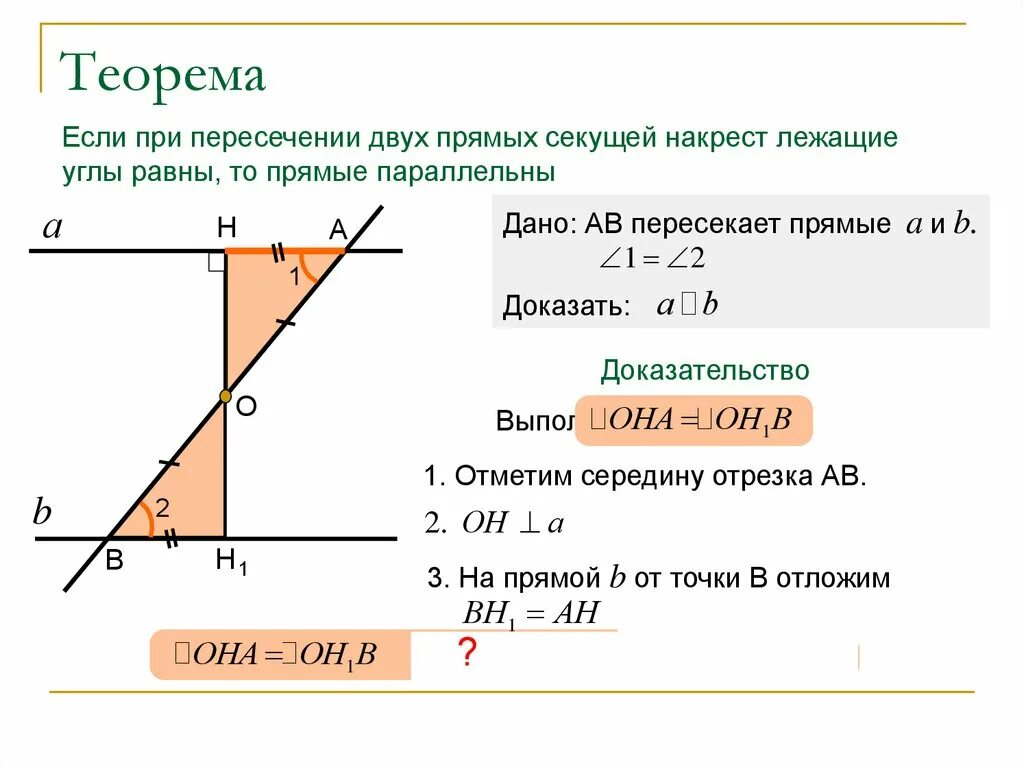 Теоремы параллельности прямых 7 класс. Теорема о пересечении двух параллельных прямых секущей накрест. Теорема накрест лежащих углов 7 класс. 1 Теорема о пересечении двух прямых секущей. 1 признак накрест лежащих углов