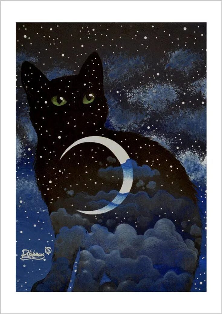 Night Cat Art Print by Little Oil Art - X-Small Искусство черных кошек, Художест