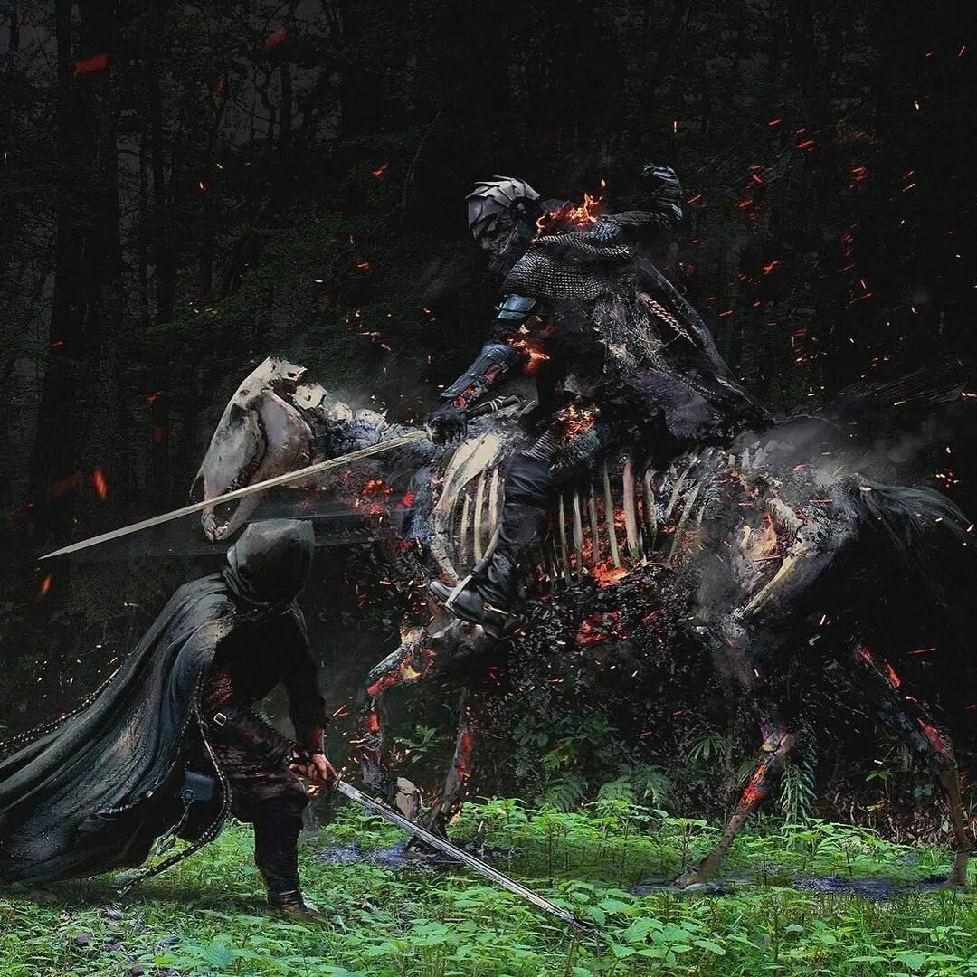 Рыцари на конях. Рыцарь в лесу.